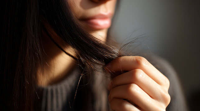 Close-up of Woman's Hand Hold Dark Hair to Show Dry, Damaged, and Split Ends, Concept for Hair Care, Repair, and Beauty Treatment