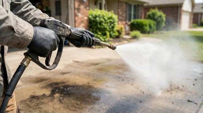 Worker hands wearing black gloves gripping a high pressure washer wand cleaning a concrete driveway outside a house