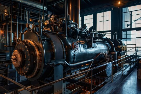Huge, vintage steam engine dominating an industrial factory space, showcasing intricate machinery and metal components