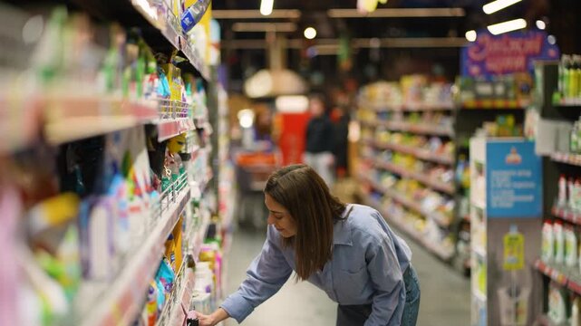 Woman choosing laundry detergent in supermarket aisle