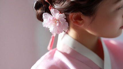 Naklejka premium A young female adult in a soft pink kimono with a cherry blossom in her hair, captured with natural light for a gentle serene mood