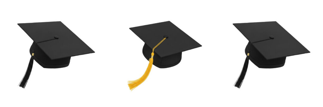 Set and collection of graduation caps isolated on transparent png background