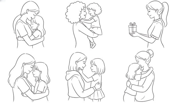 Mother hugging child drawing set showing affectionate moments with smiling family characters in line art style