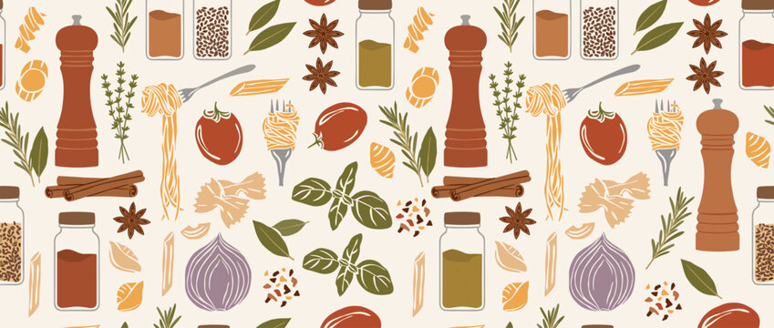 Inviting culinary pattern with various spices herbs and ingredients for cooking