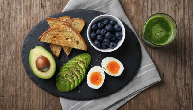 Desayuno saludable de tostadas de aguacate con huevos pasados ​​por agua, ar&aacute;ndanos y batido verde sobre una mesa de madera de pizarra.