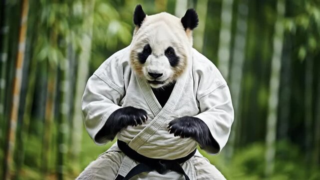 Giant panda wearing white karate gi in bamboo forest