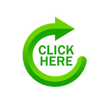 Green 'click here' arrow animated button for website links call to actions isolated on transparent background