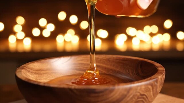 Hand pouring golden honey from bottle into wooden bowl