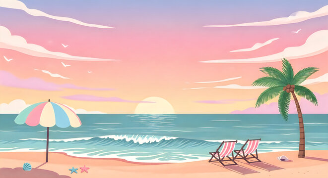 Tropical beach sunset with palm tree and colorful umbrella at seaside