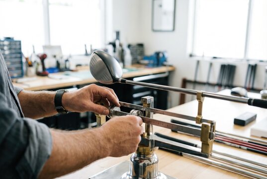 Technician hands adjusting a sliding weight on a specialized mechanical scale to measure the swing weight of a golf club