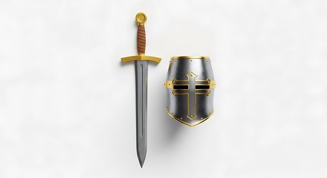 A medieval sword rests near a metal helm with a cross emblem, isolated on a white background