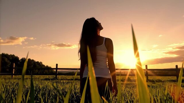 Woman standing in a field at sunset with arms outstretched