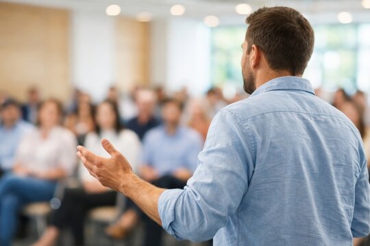 Back view of male speaker in casual blue shirt giving presentation in bright seminar room. Blurred audience at business training workshop. Corporate education communication concept