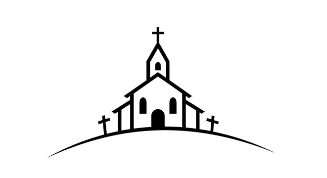 A minimalist black-and-white line drawing of a church with a cross on top, on a hill