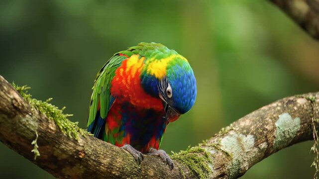 Colorful parrot perched on mossy tree branch in tropical forest.