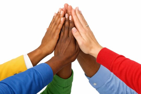 Diverse business colleagues putting hands together, isolated on white background, concept of teamwork unity, corporate collaboration, synergy, partnership, success, team spirit, goal