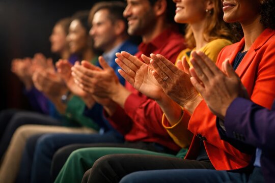 Diverse audience applauding at corporate seminar event in dark auditorium. Smiling people clapping hands during professional performance or theater show. Concept of success and appreciation