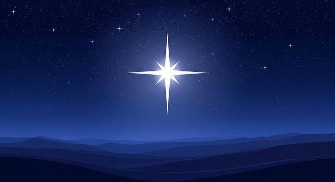 A radiant, four-pointed star shines brightly against a deep blue starry night sky above distant hills