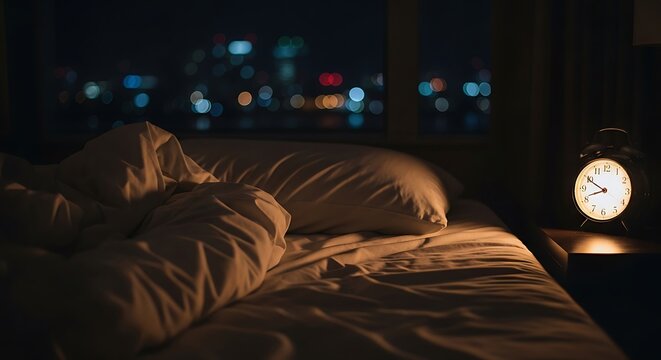 A rumpled bed with a nightstand clock and city lights out the window at night