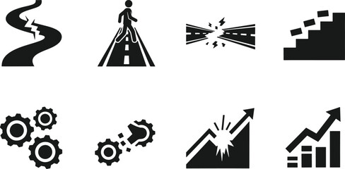 Fototapeta premium Set of icons representing disruption, broken processes, and obstacles in business and infrastructure