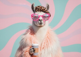 Fototapeta premium Fashionable llama wearing sunglasses and a beret holds a coffee cup against a pastel background