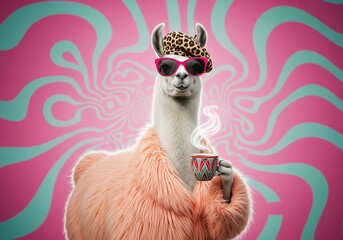 Fototapeta premium Stylish llama wearing sunglasses and a beret, holding a steaming coffee cup