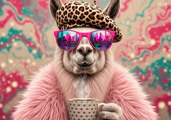 Fototapeta premium Stylish llama wearing sunglasses and a beret, holding a coffee cup with a colorful background