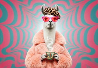 Fototapeta premium Llama in a fluffy pink coat and leopard beret sips coffee on a psychedelic background