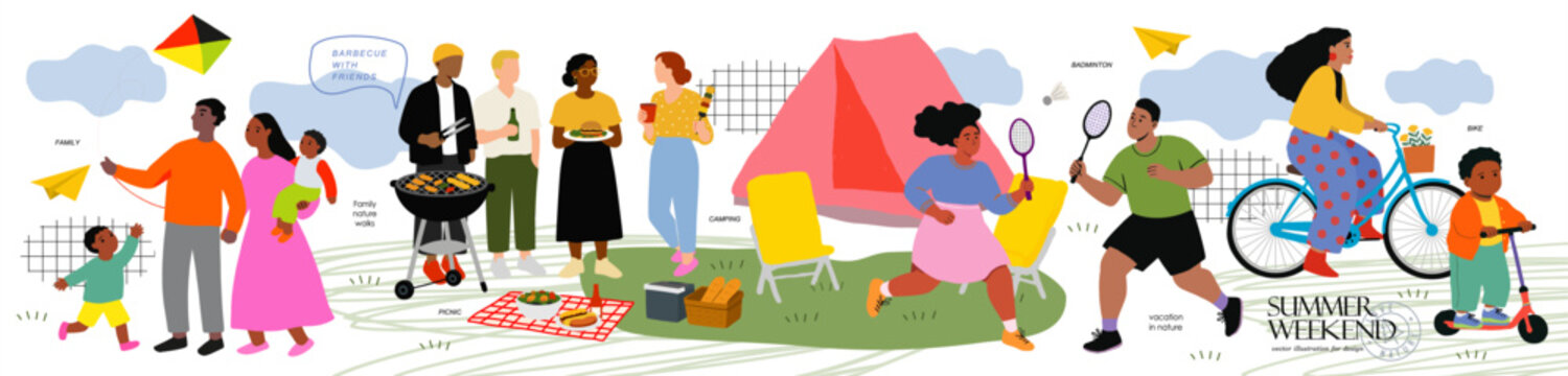 Summer weekend recreation in the park. Vector isolated modern illustrations of diverse people, picnic, family activities, camping, barbecue with friends, kite flying, badminton, cycling, lifestyle, an