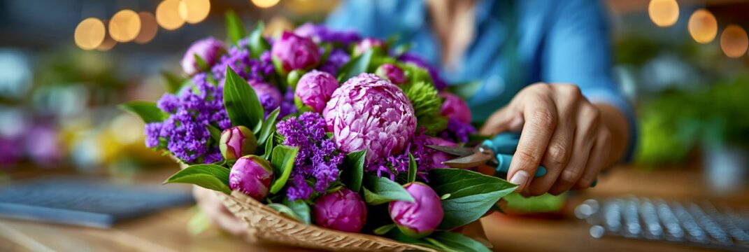 Florist preparing peony bouquet in kraft paper at flower shop counter
