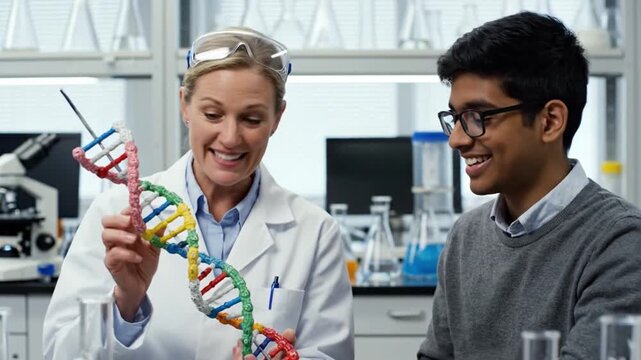 Laboratory Scientists Discuss Genetic Models. Research Professionals Analyze Vibrant DNA Structures Together. Female Scientist And Asian Student Collaboratively Study Colorful DNA Sample Indoors