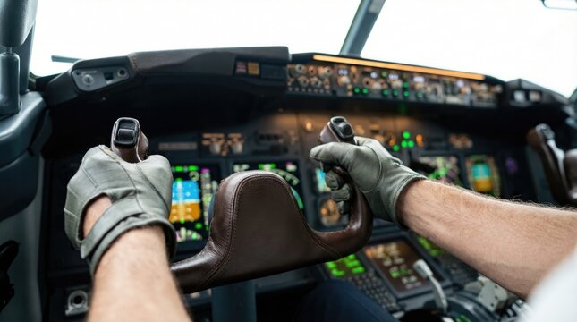 Hands of a pilot wearing leather gloves holding the steering yoke in an airplane cockpit