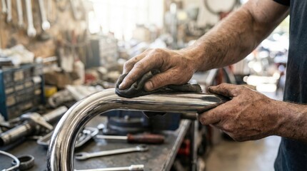 Obraz premium Mechanic cleaning a curved stainless steel pipe with a dark cloth in an auto workshop