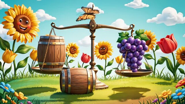 Whimsical 3D animation of an antique balance scale weighing a wooden barrel and purple grapes surrounded by smiling sunflowers