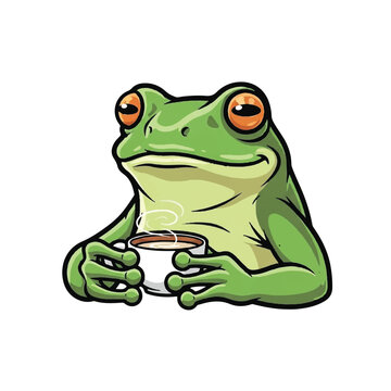 Cartoon Frog Holding Coffee Cup.