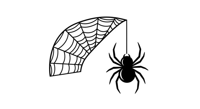 Black and white illustration of spider hanging from web in a minimalist design