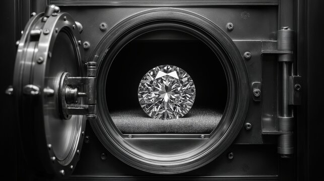 Large shiny diamond inside a heavy steel bank vault. Luxury wealth, investment protection and financial security concept