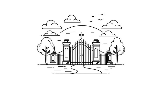 Black and white line art of a gated cemetery with clouds, birds, trees and a path
