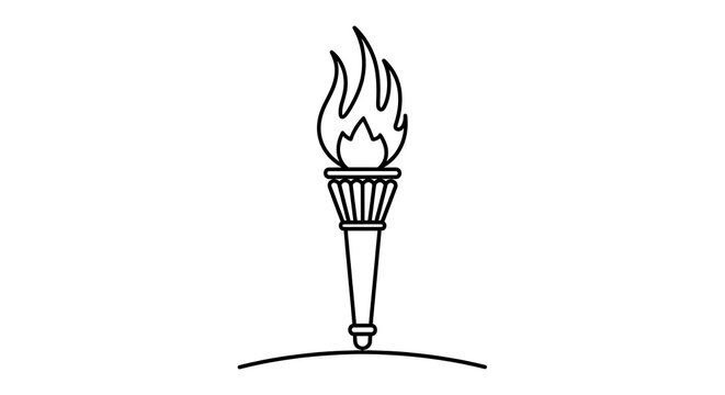 Black and white line drawing of a torch with flames, set on a curved base
