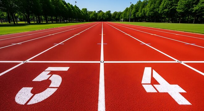 Bright red track with white lane markings, numbers, lush green trees in the background, daytime