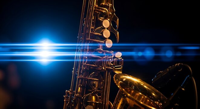 Close-up of a gleaming gold saxophone against a dark background with bright lens flares