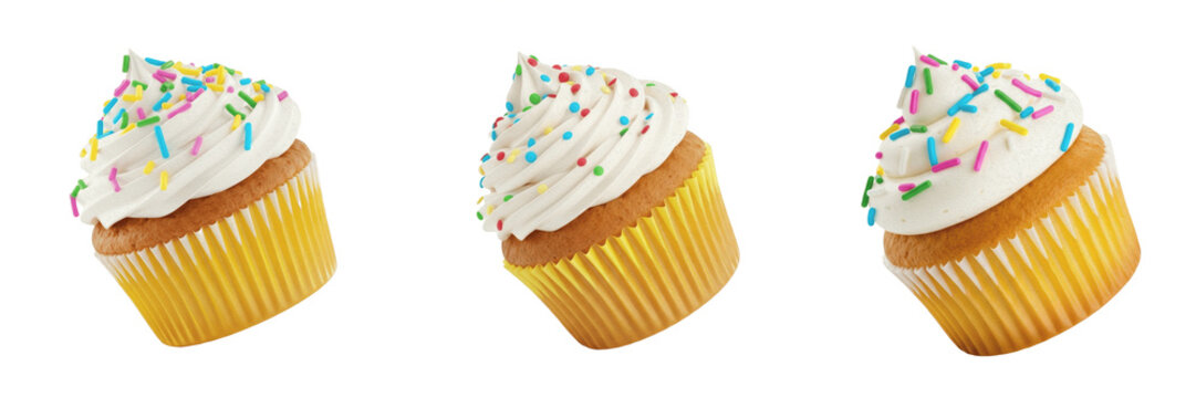Set and collection of decorative cupcake isolated on white transparent png background