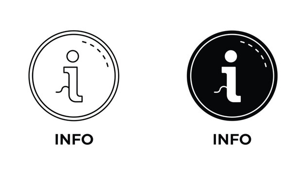Information symbol icon set featuring minimalist circular design with simple i letter for user interface navigation and digital help documentation in both outline and solid black graphic styles