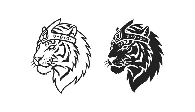 Tiger head profile portrait wearing a crown vector illustration in outline and solid black style for royal mascot or luxury brand logo design