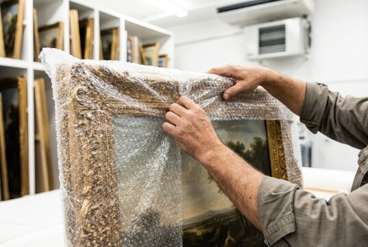 Art gallery handler wrapping a classic framed oil painting in protective bubble wrap