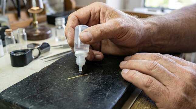 Jeweler applying a drop of acid onto a gold streak on a black touchstone to test metal purity