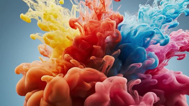 Vibrant colorful ink splashes against a blue gradient background