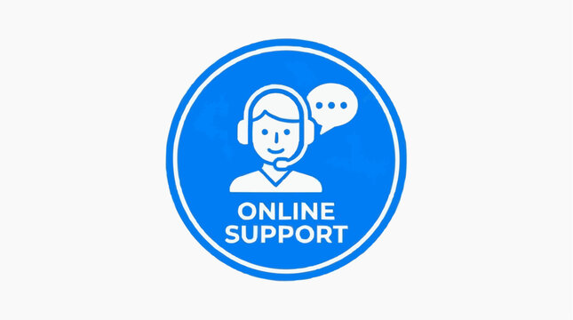 A blue and white vector graphic icon of online support with a headset and speech bubble