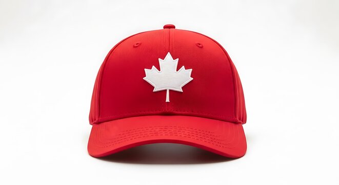 Front view of a red baseball cap with a white maple leaf emblem against a white backdrop