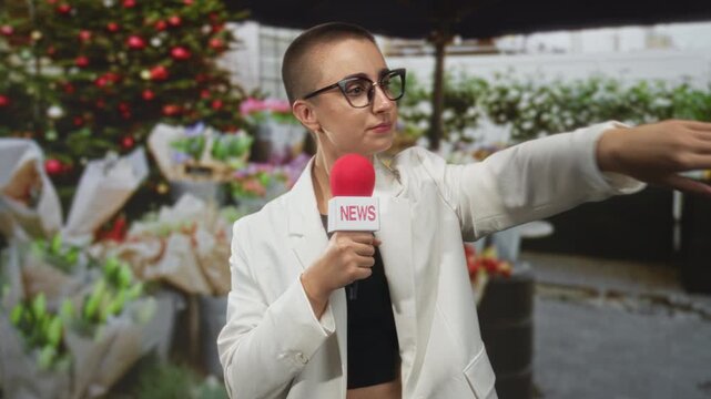 Woman with short hair holds a news microphone and points with an outstretched hand at a street flower market; assertive reporting.